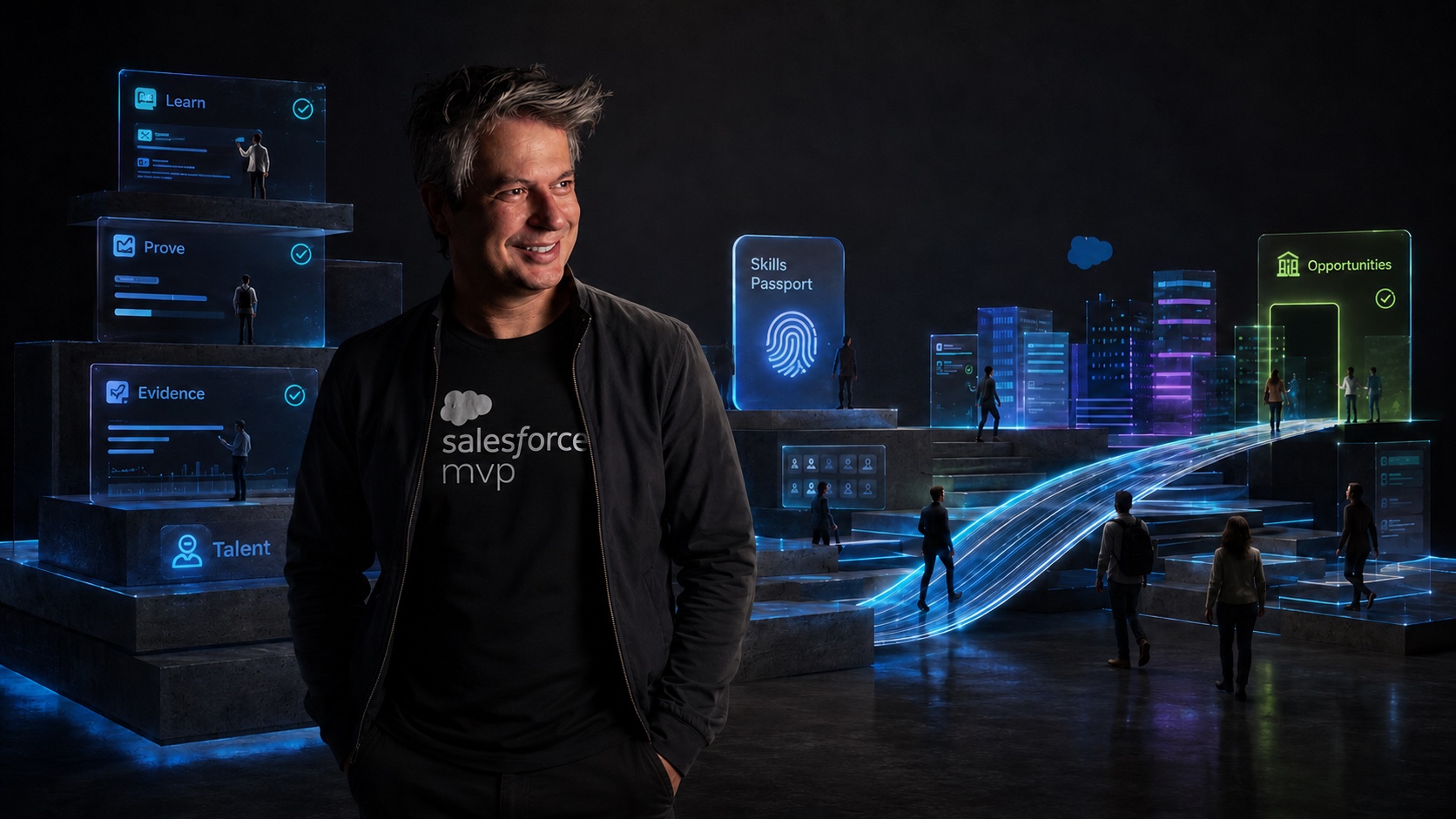 Guilherme Dornelas, fundador da Reforce e Salesforce MVP, ao lado de uma visualização da jornada da plataforma: Learn, Prove, Evidence e Talent à esquerda; Skills Passport ao centro; e Opportunities à direita, ligados por uma trilha de luz.